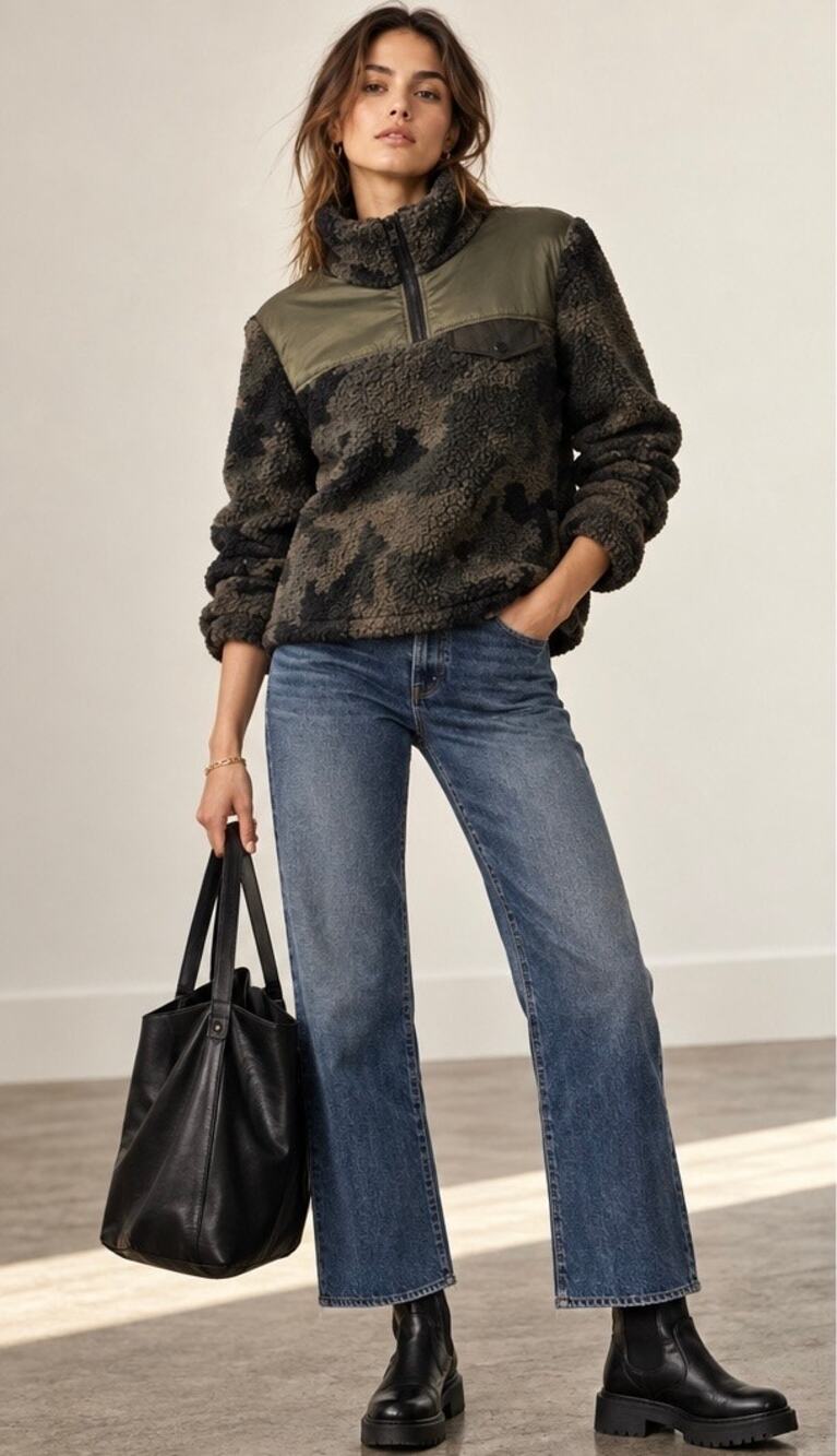 Veronica Beard Kylan Camo Fleece Sherpa Pullover - Medium